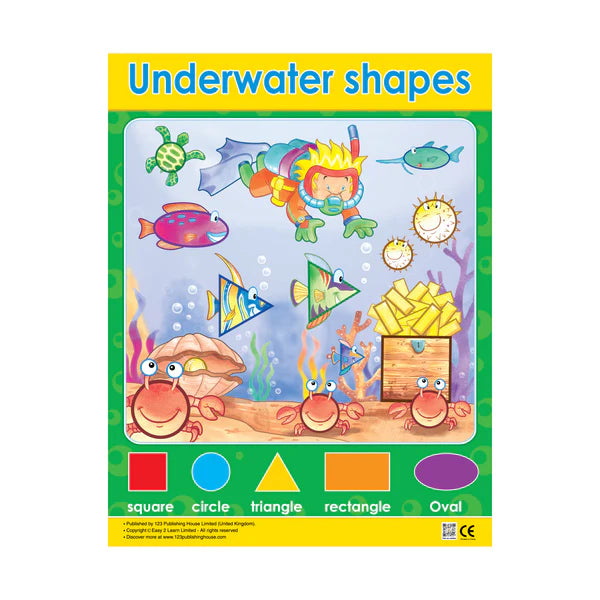 A colorful wall chart titled 'Underwater Shapes' featuring various underwater animals and shapes to identify and color, such as a crab, fish, and coral.