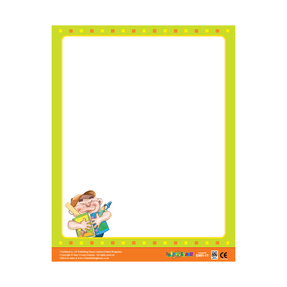 A colorful write-on chart with a character illustration in the corner and a yellow border, designed for children to write or draw on.