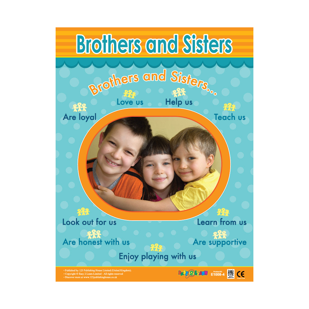 A colorful wall chart with cartoon images of three children and text phrases related to sibling relationships.
