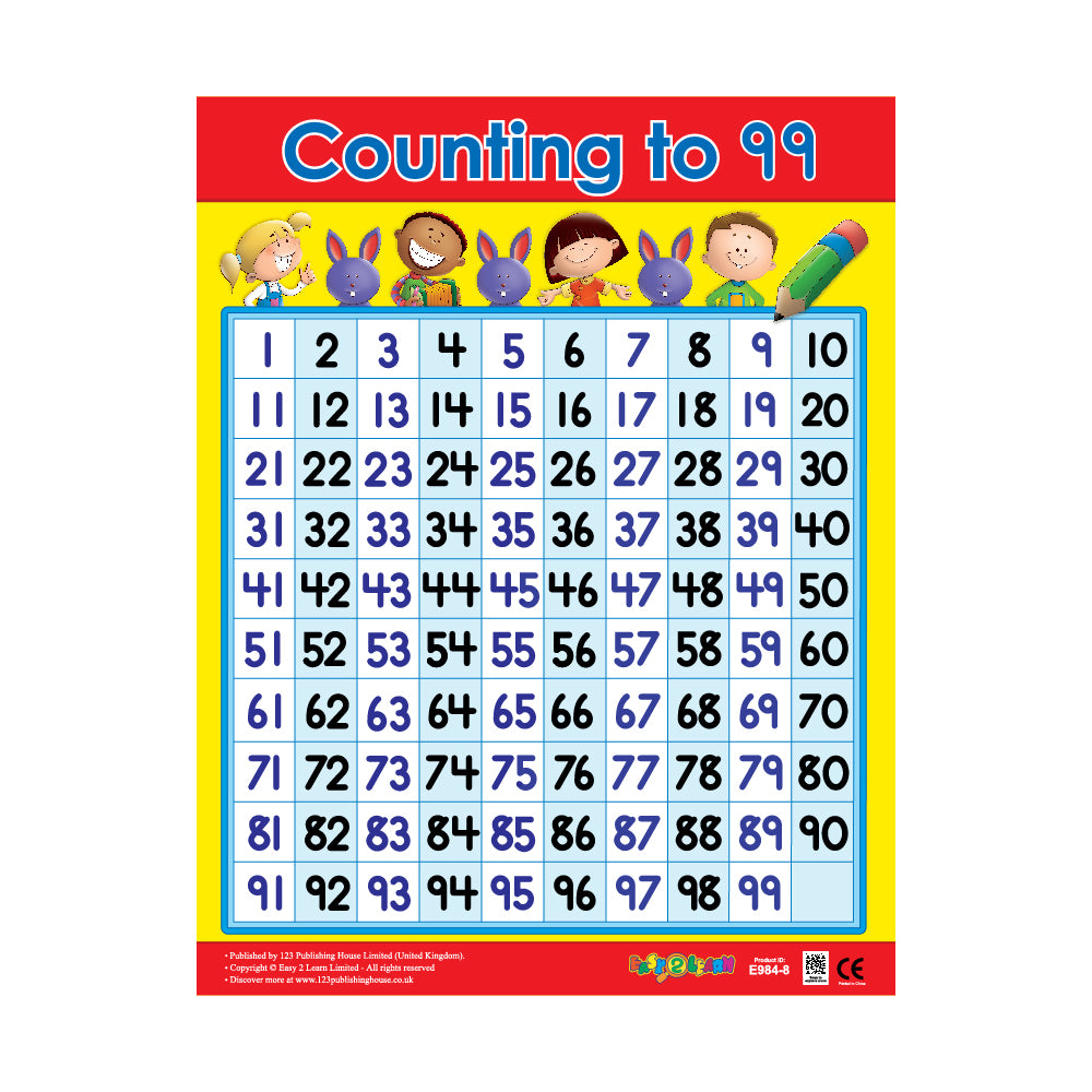 A colorful wall chart titled 'Counting to 99' with numbers and illustrations of characters related to counting.