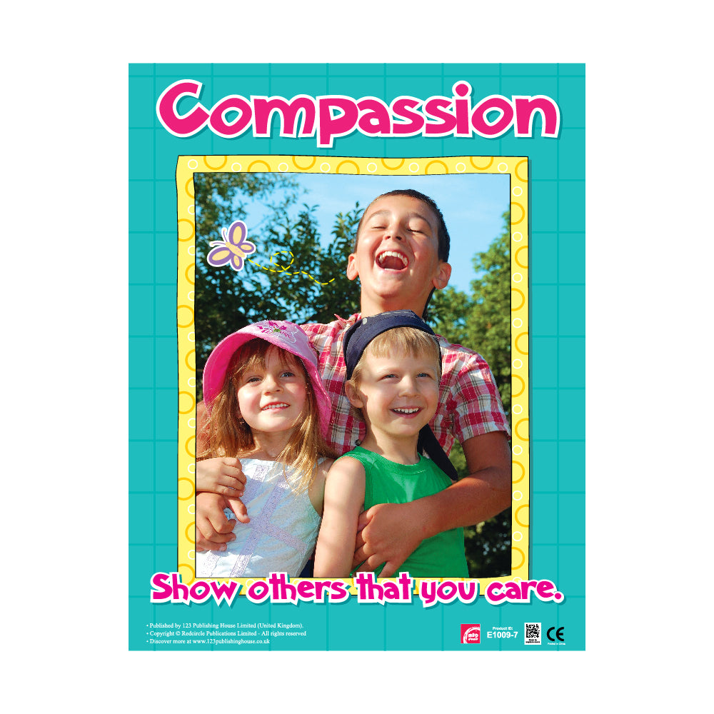 A colorful wall chart titled 'Compassion' featuring a joyful family with two children and a young boy smiling and hugging each other. The background is bright with a grid pattern, and there's a butterfly graphic in the top right corner.