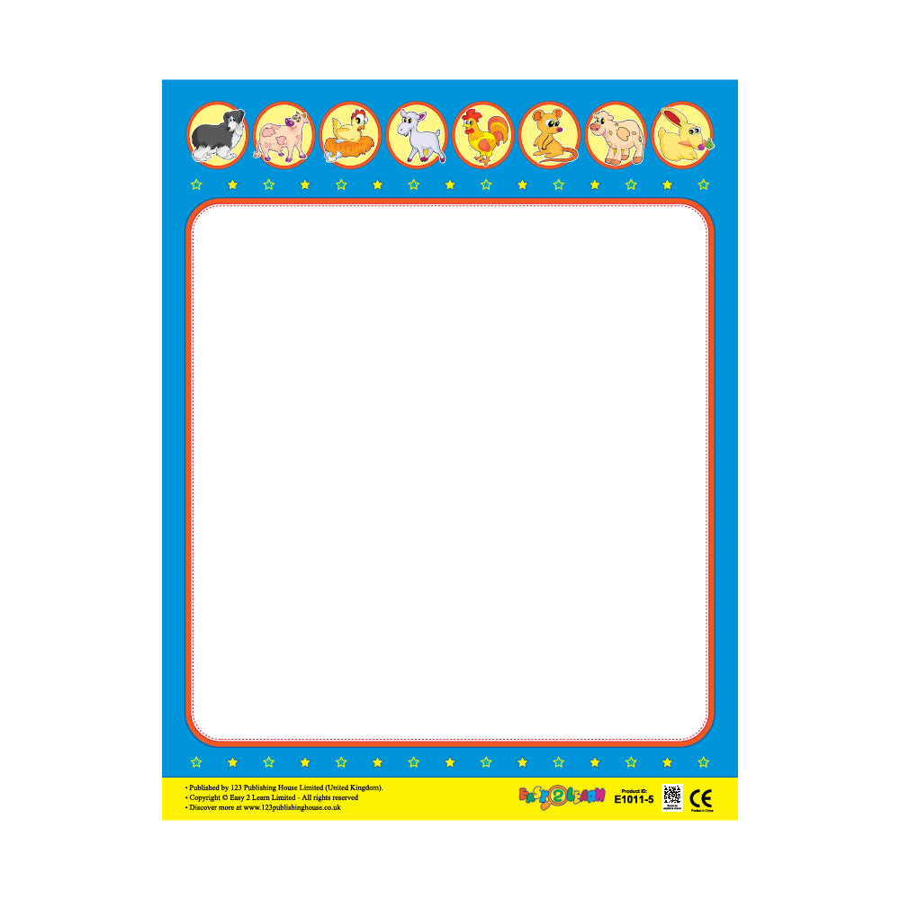 A colorful write-on chart with farm animal illustrations along the top border, a central blank space for writing or drawing, and a yellow and blue striped border.