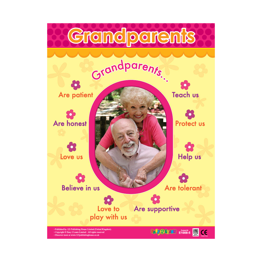 A colorful wall chart titled 'GRANDPARENTS' with floral borders and an image of an older couple in the center. The chart lists positive traits associated with grandparents and provides a QR code for downloadable audio-visual version.
