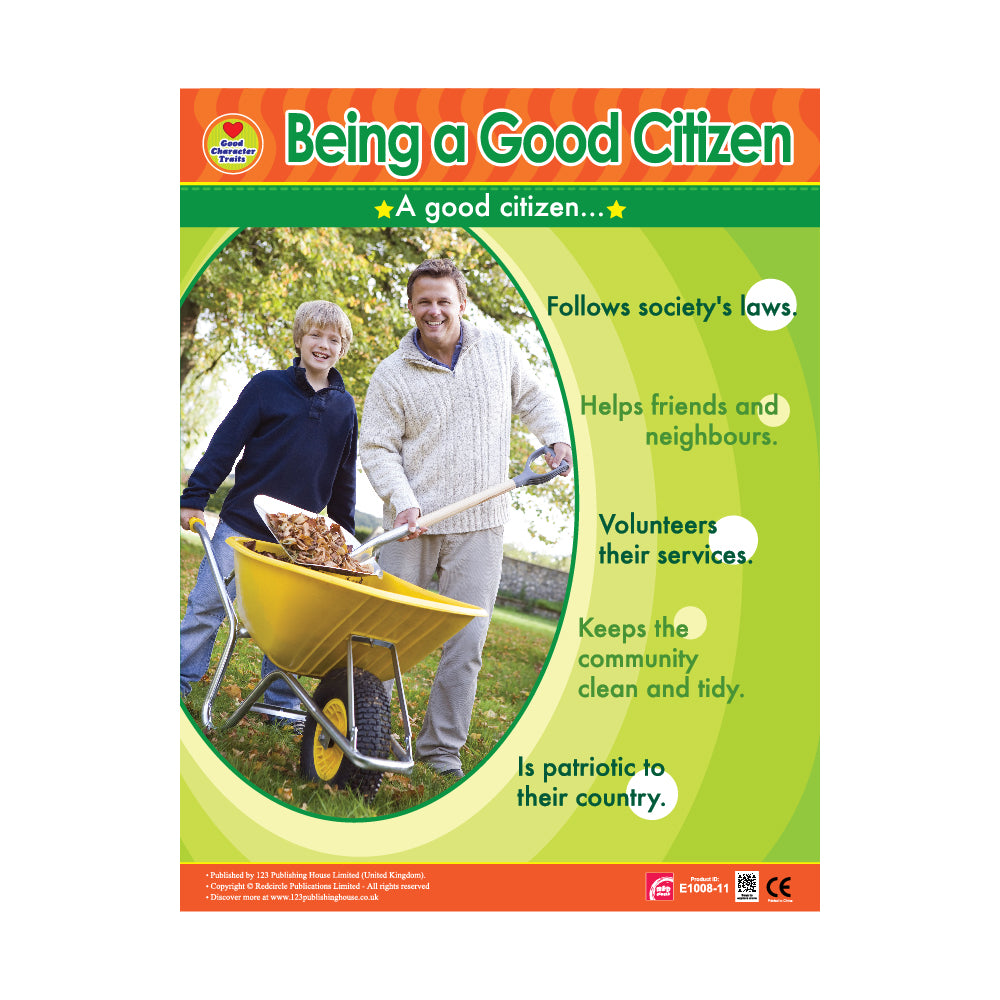 A colorful wall chart titled 'Being a Good Citizen' featuring an image of two adults and a child with a wheelbarrow, text and QR codes.