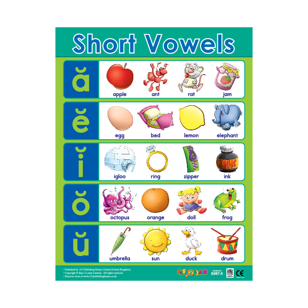 A colorful wall chart titled 'Short Vowels' with illustrations of objects and animals representing different vowels, designed for classroom and home use.