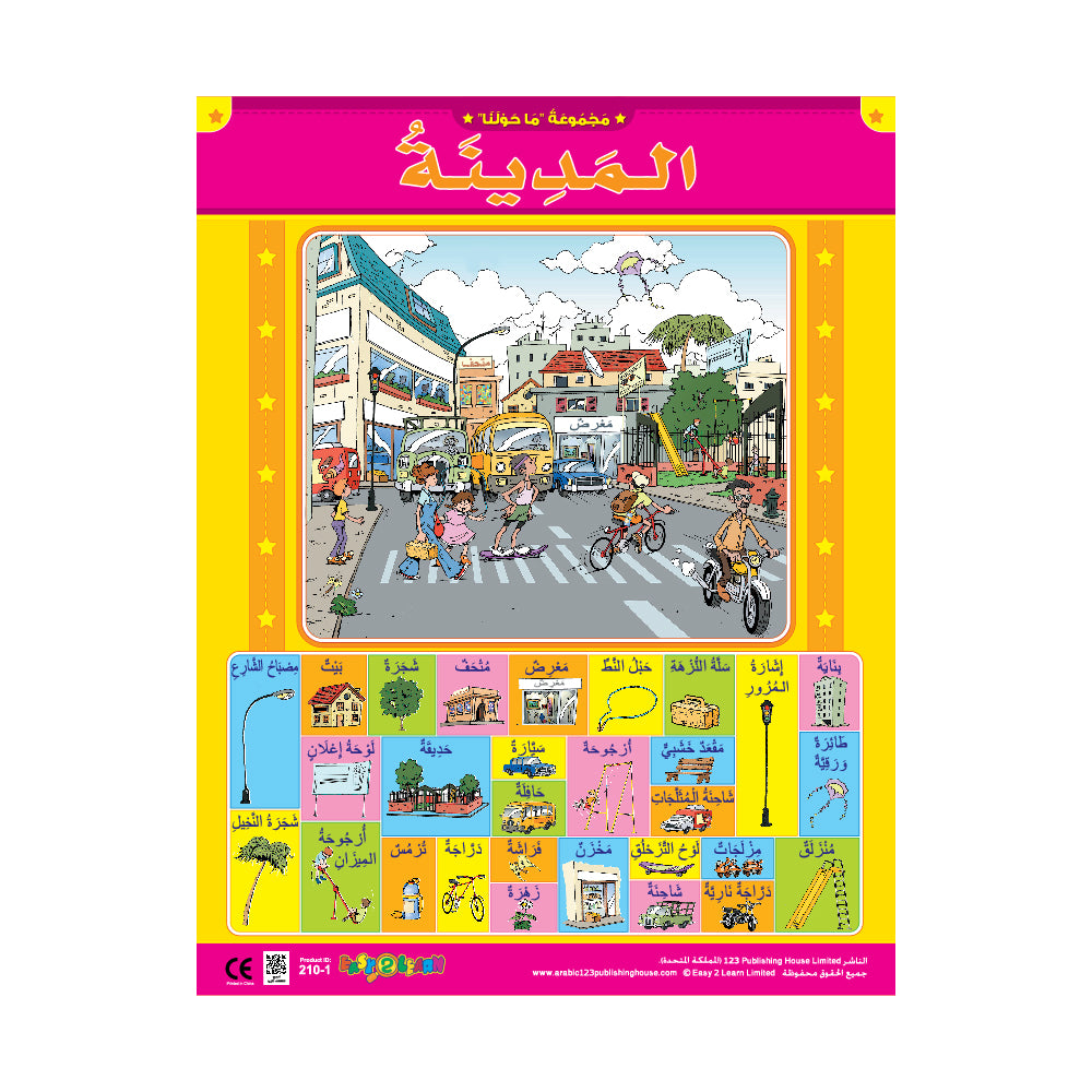 An educational wall chart with colorful illustrations and text in Arabic, designed for use in classrooms or at home.