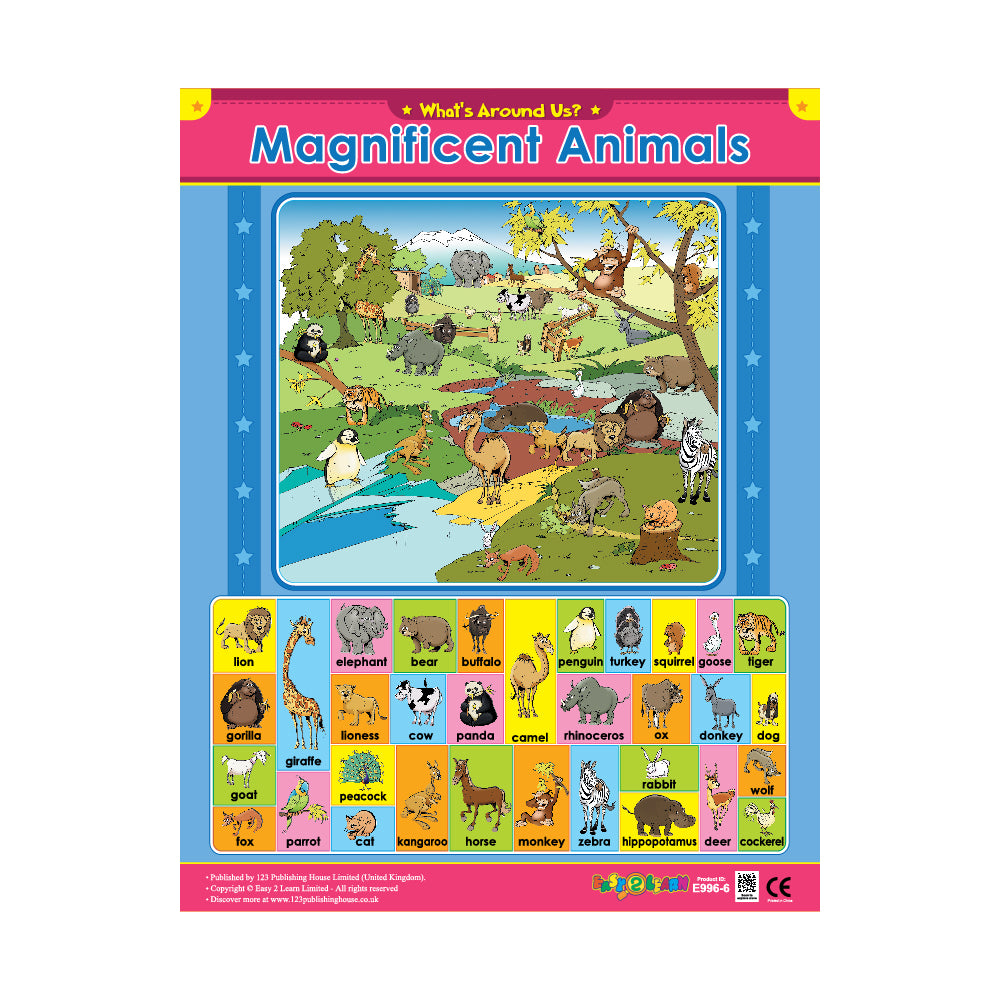 A colorful wall chart titled 'Magnificent Animals' featuring an array of different animals and a map background.