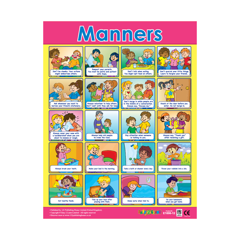 A colorful wall chart titled 'Manners' with various cartoon illustrations and text, designed for classroom use.
