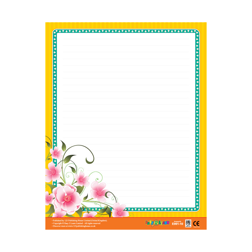 A colorful write-on chart with a floral border and a space for writing or drawing in the center, labeled with 'Flowers - Write-on Chart' and 'Made in India'.