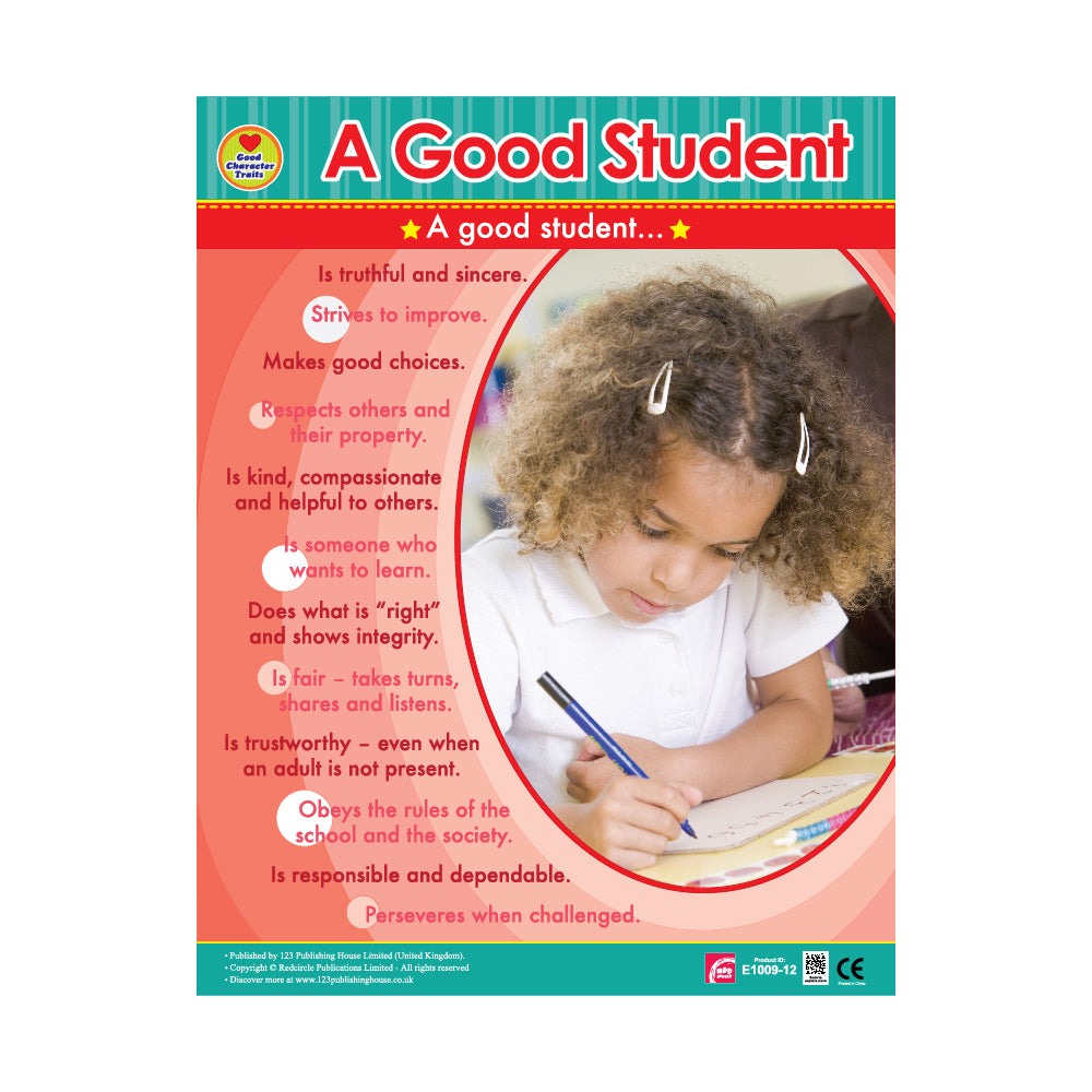 An educational wall chart titled 'A Good Student' featuring text that outlines the qualities of a good student, with a colorful design and an image of a young girl writing.
