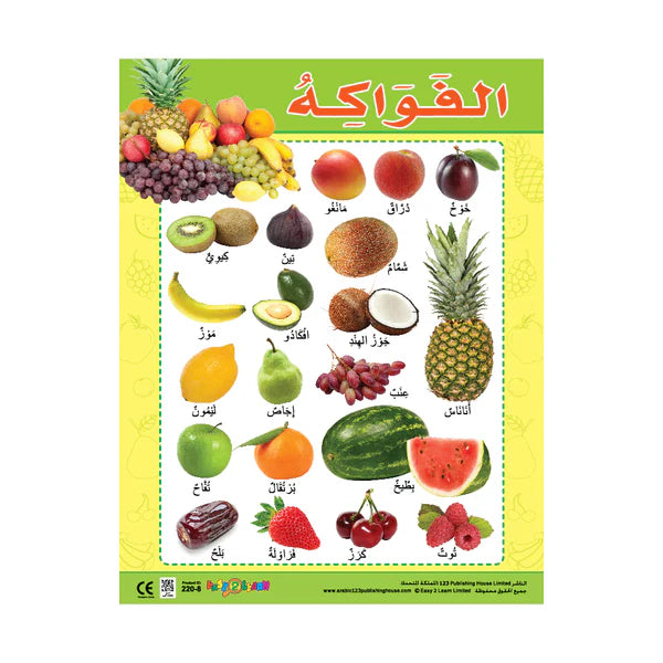 A colorful wall chart in Arabic featuring a variety of fruits, with labels in both English and Arabic.
