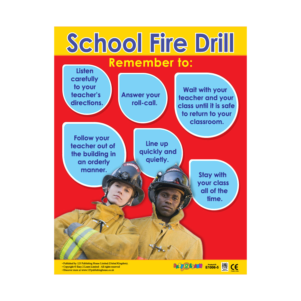 Educational wall chart titled 'School Fire Drill' featuring text instructions and images of firefighters.