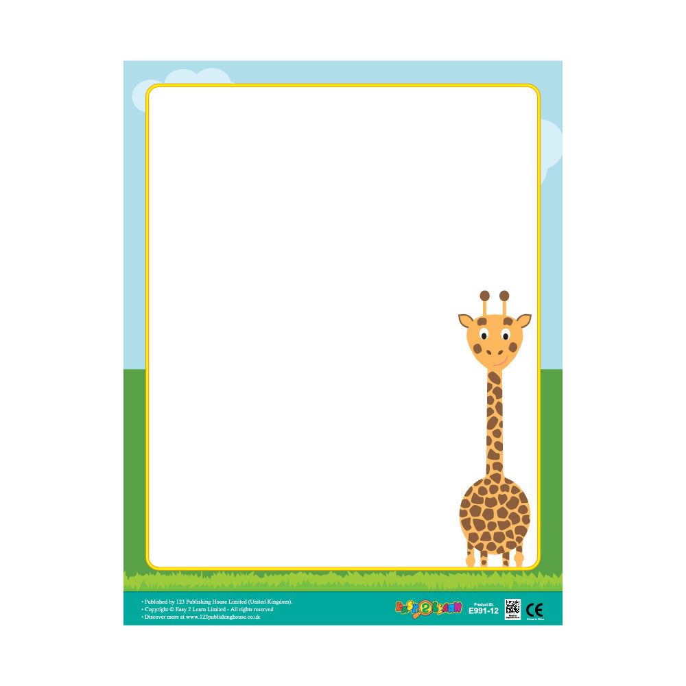 A colorful write-on chart with a giraffe illustration on the top, designed for children to write and draw on it.