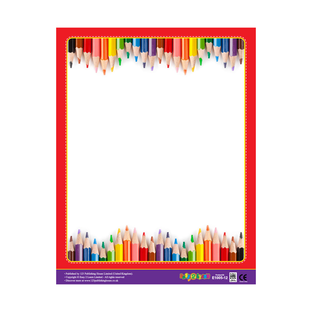 A colorful write-on chart with a red border and a background that has multiple colorful pencils framing a white rectangular area for writing or drawing.