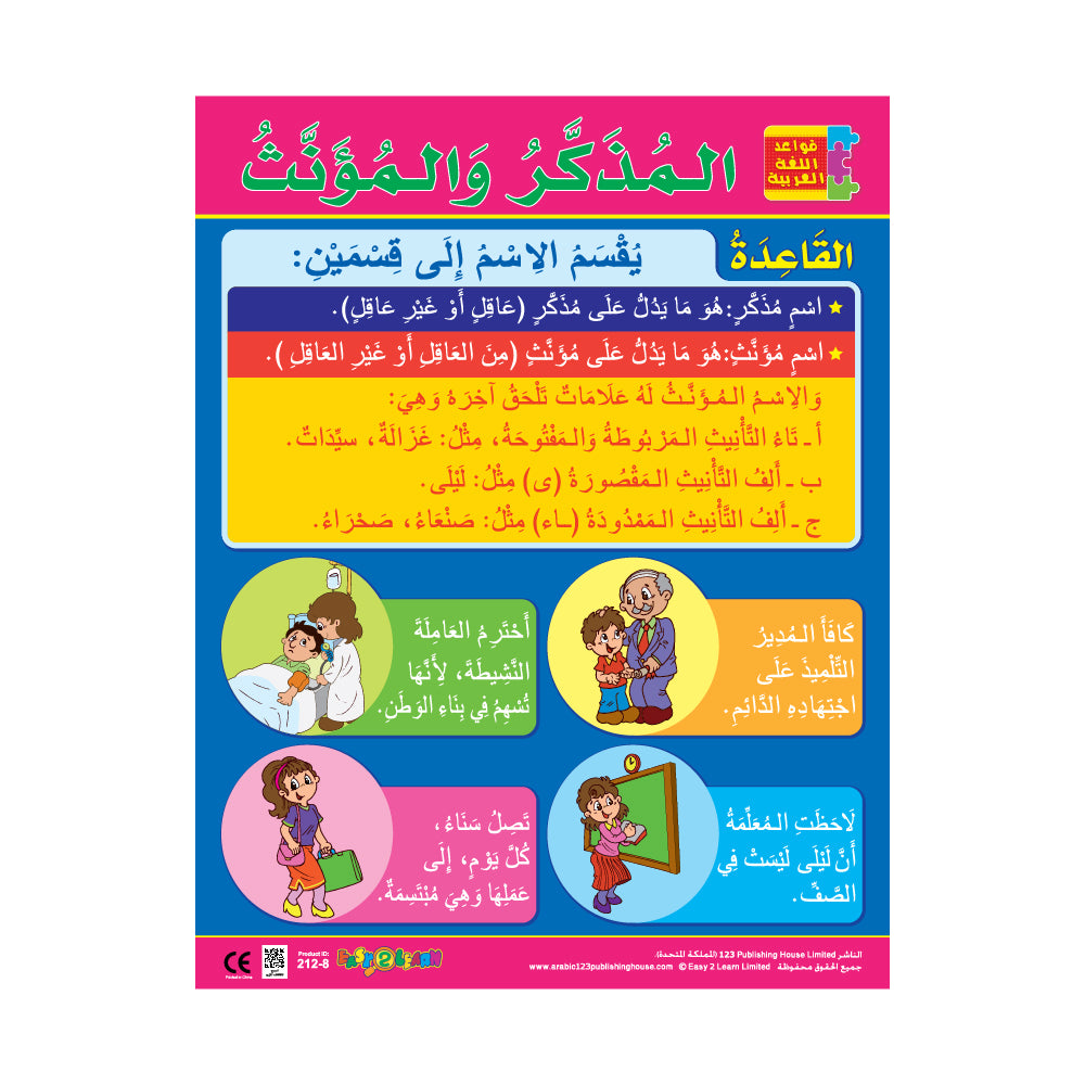 A colorful wall chart in Arabic featuring text and illustrations related to gender roles and responsibilities, with a laminated surface.