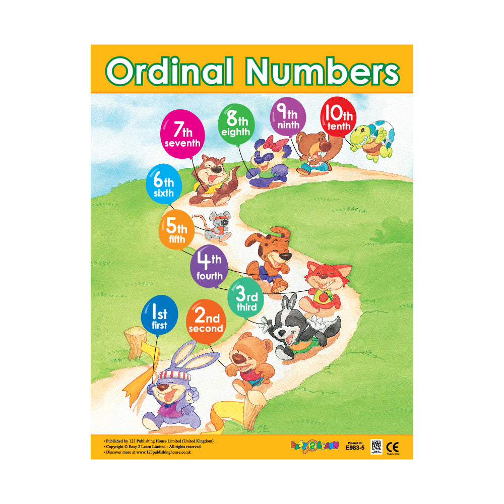 A colorful wall chart featuring cartoon animals representing numbers from 1 to 9, with a title 'ORDINAL NUMBERS' at the top.