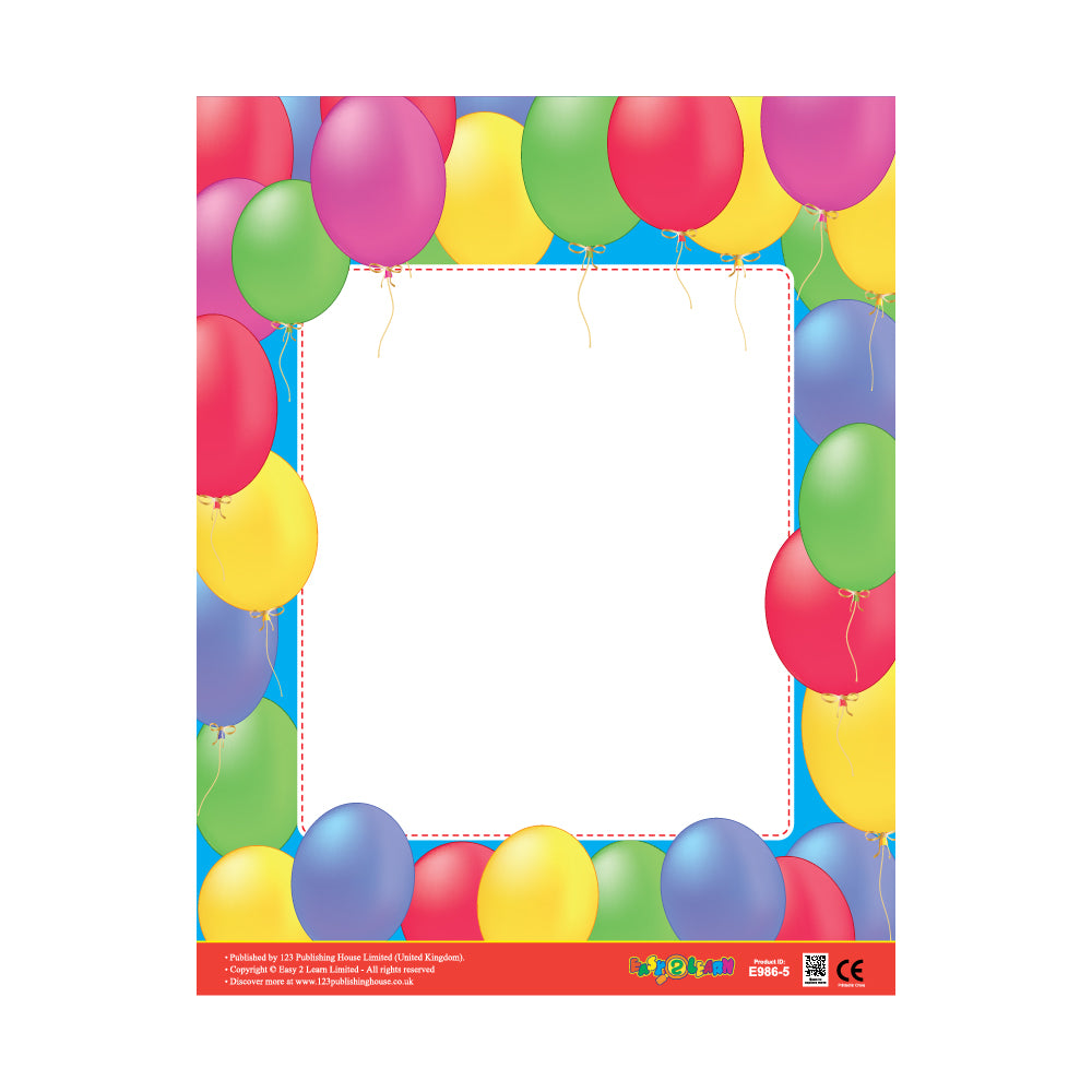 A colorful write-on chart with a balloon border and a space for writing or drawing in the center.