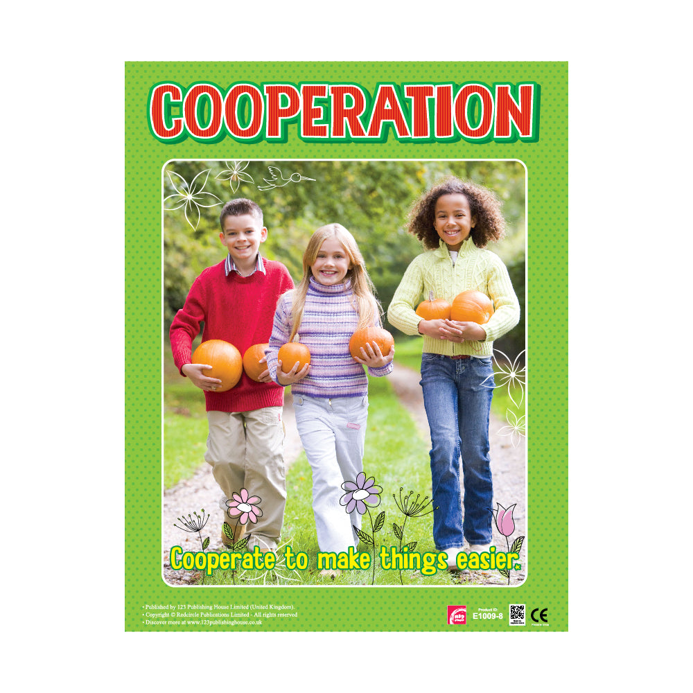 A colorful wall chart titled 'Cooperation' featuring images of children and a pumpkin patch, with text and QR codes for downloadable audio-visual version.