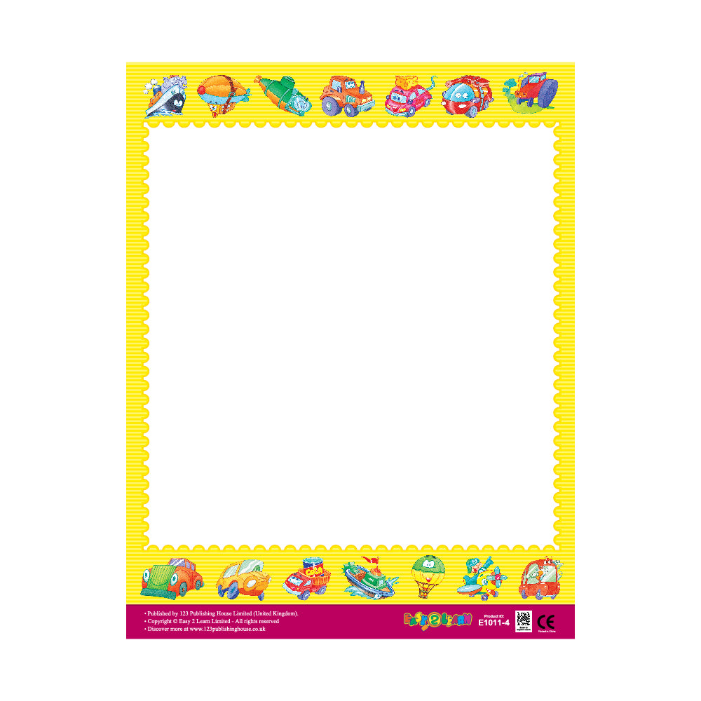 This image appears to be a decorative border or frame featuring cartoon vehicles, likely intended for use as stationery or a printable template for children's activities. It is characterized by a yellow background with a scalloped edge and a variety of colorful cartoon cars, trucks, boats, and other vehicles arranged along the top and bottom edges.