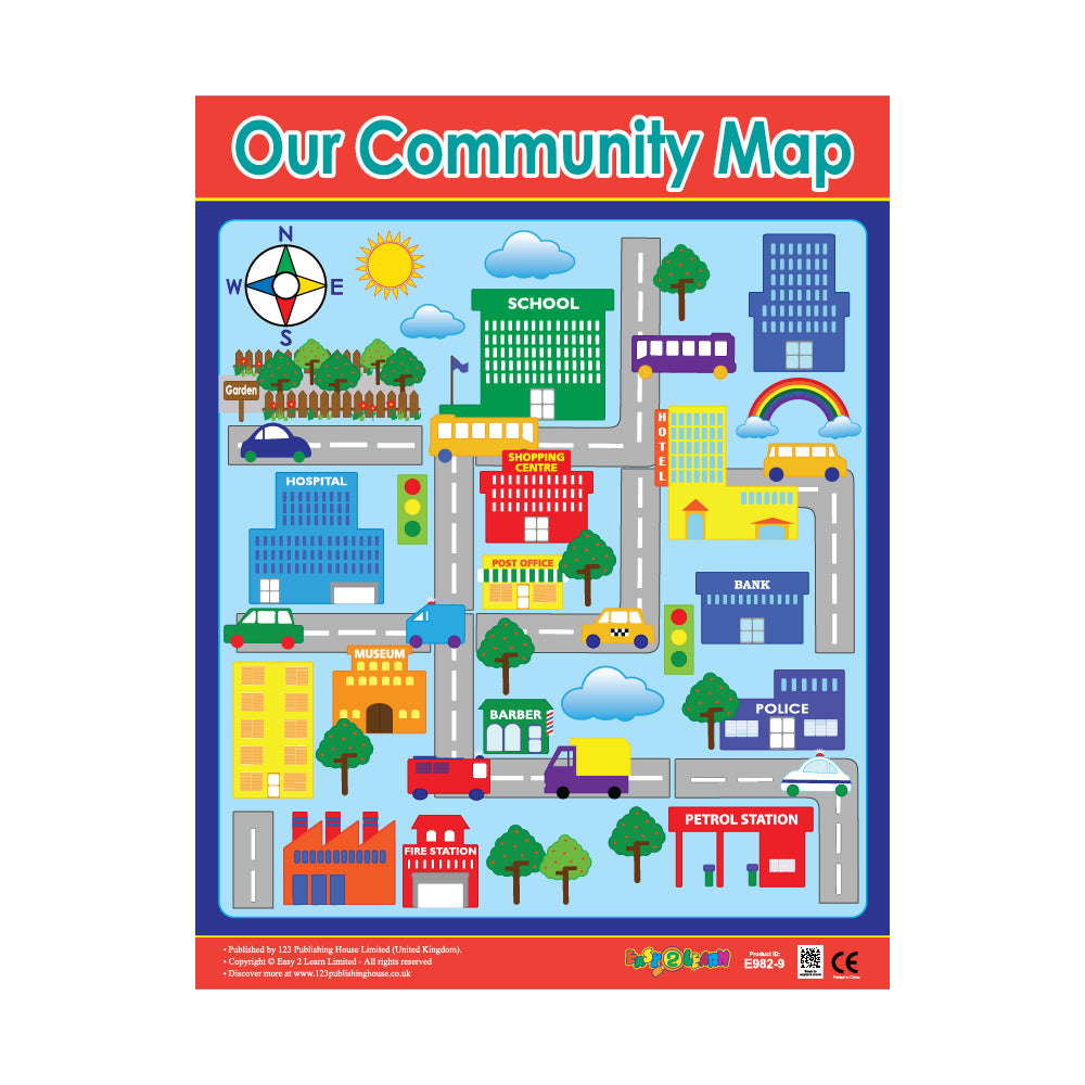 A colorful wall chart titled 'Our Community Map' featuring various cartoon buildings and road layouts.