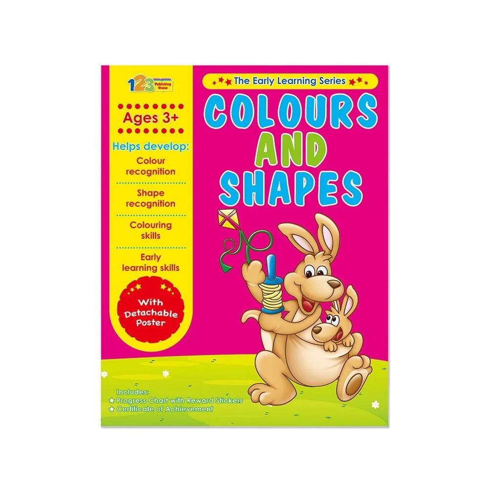 A colorful activity book for kids titled 'Colours and Shapes' featuring a cartoon rabbit on the cover, with additional cartoon images and text indicating it's part of the 'Early Learning Series' and suitable for ages 3+.