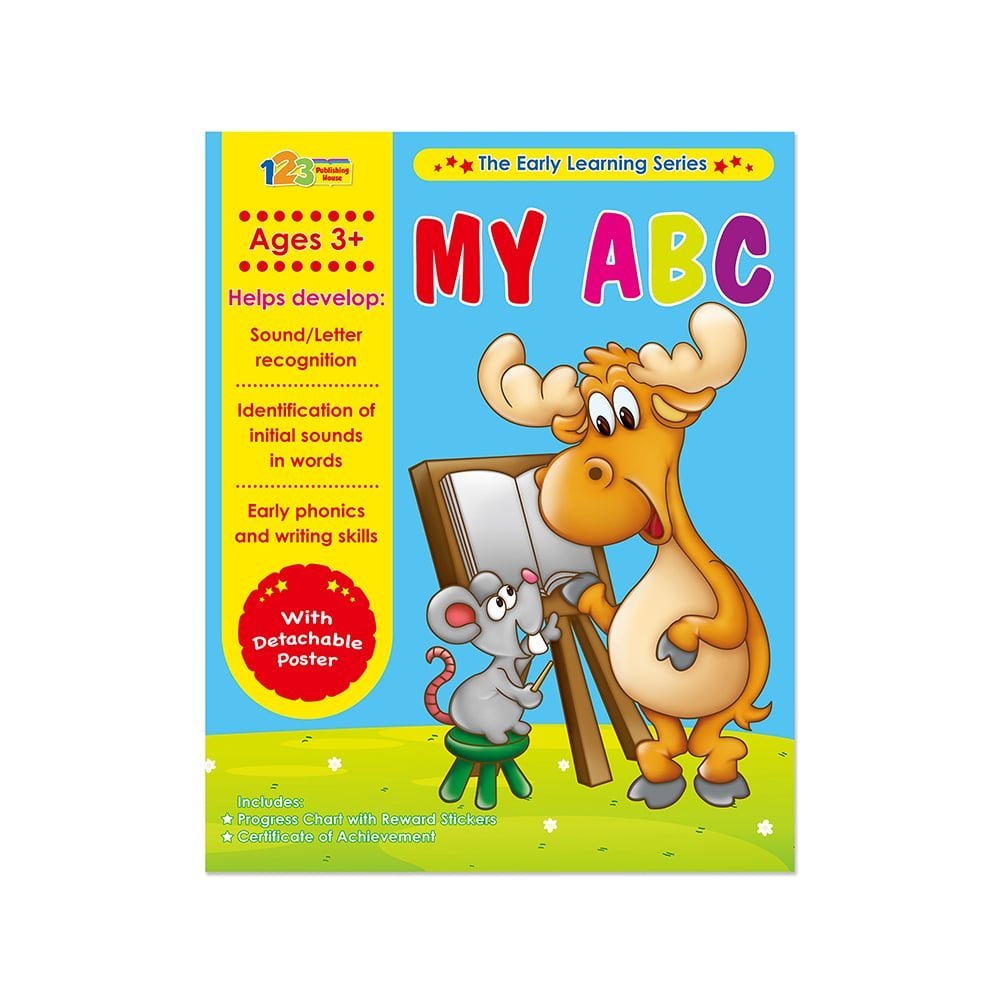 An activity book for children titled 'My ABC' featuring a cartoon moose and a mouse with a board, aimed at developing sound/letter recognition and early phonics skills.