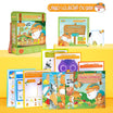 An educational toy set designed for kids in Arabic, including story books, game cards, activity booklet, stickers, and a whiteboard with a pen.