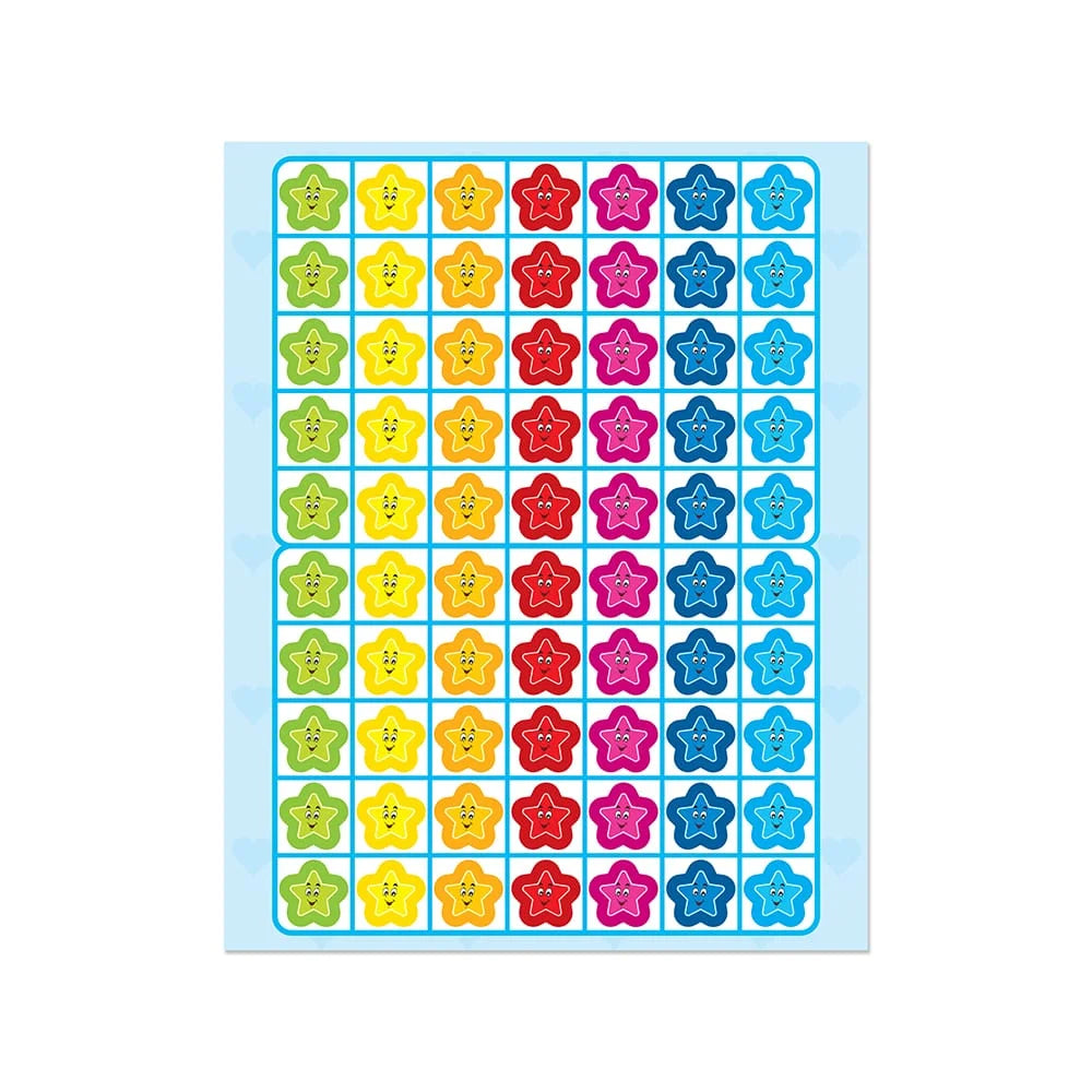 This is a sheet of smiley face star stickers, commonly used as rewards or for decorative purposes.