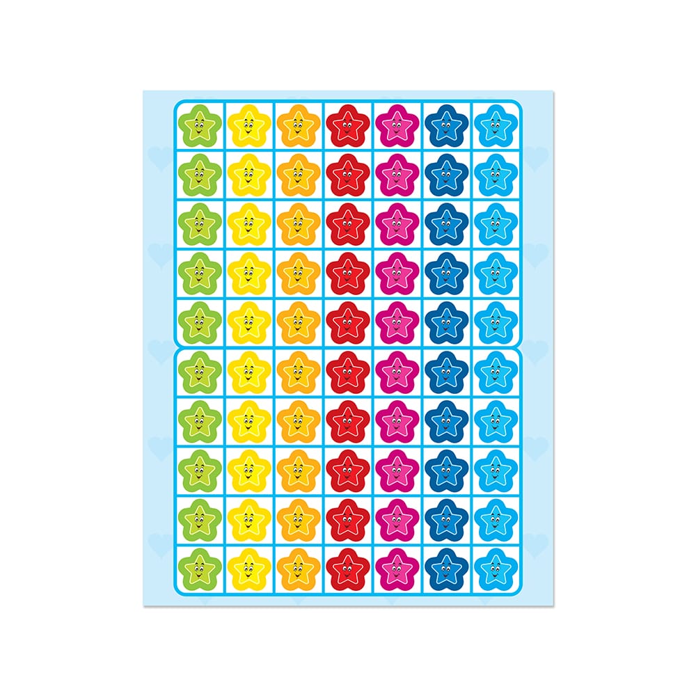 The image displays a sheet of colorful Smiley Stars Mini Stickers.