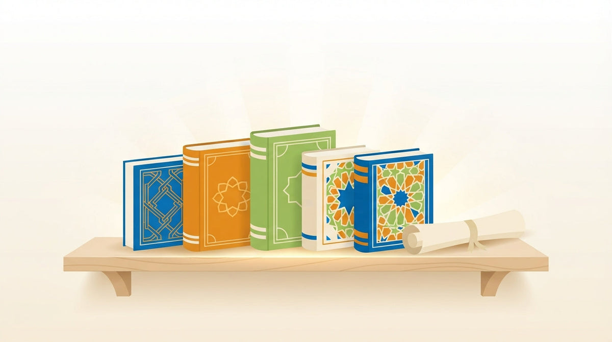Five heavenly books and a scroll on a shelf illustrating the divine books in Islam