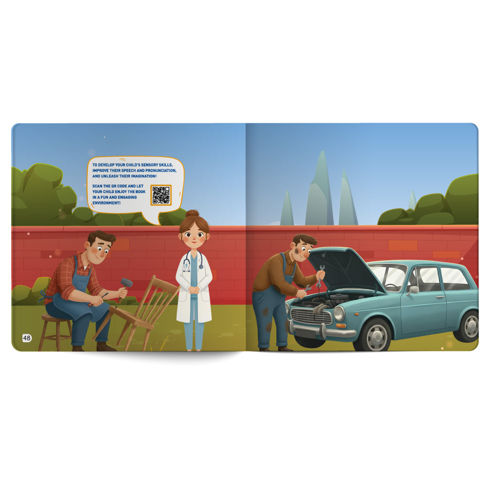 Illustrated book open to two pages showing a man fixing a car, a woman in a white coat, and a child with a hammer.
