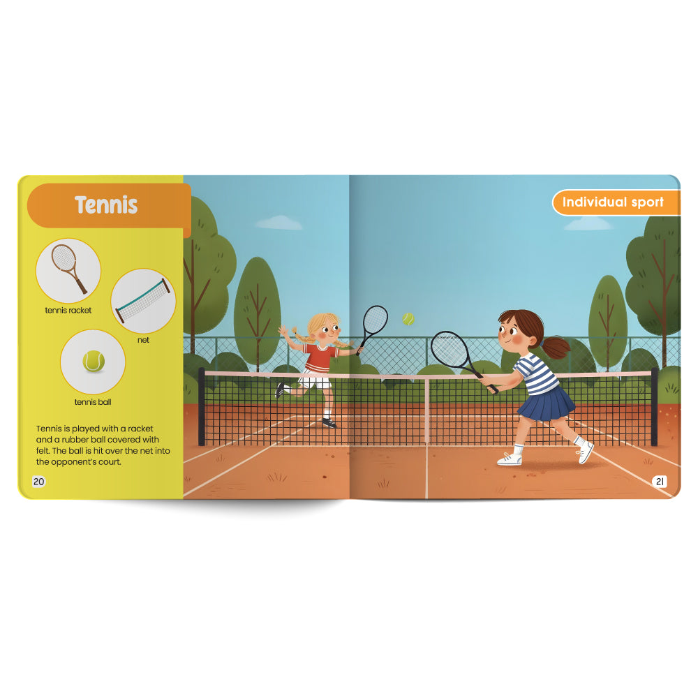Illustration of a children's book open to a page about tennis, showing two children playing on a tennis court.