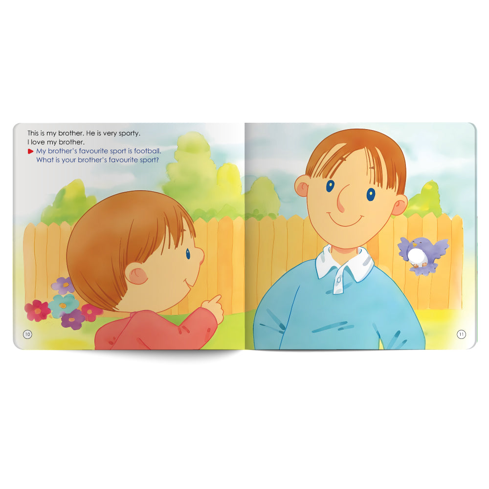 Illustrated book page with two children and text about a brother, on a white background.