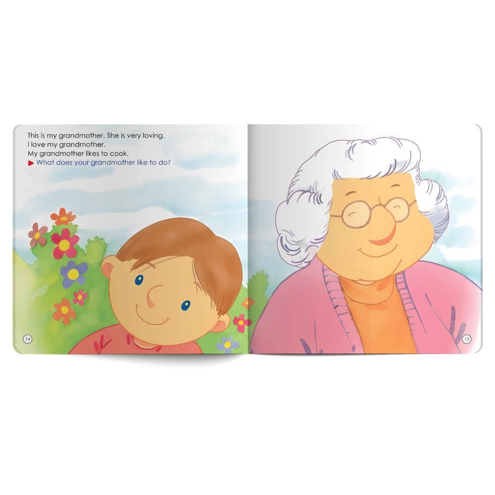 Illustrated book page with a child and an elderly woman, featuring text about the grandmother.