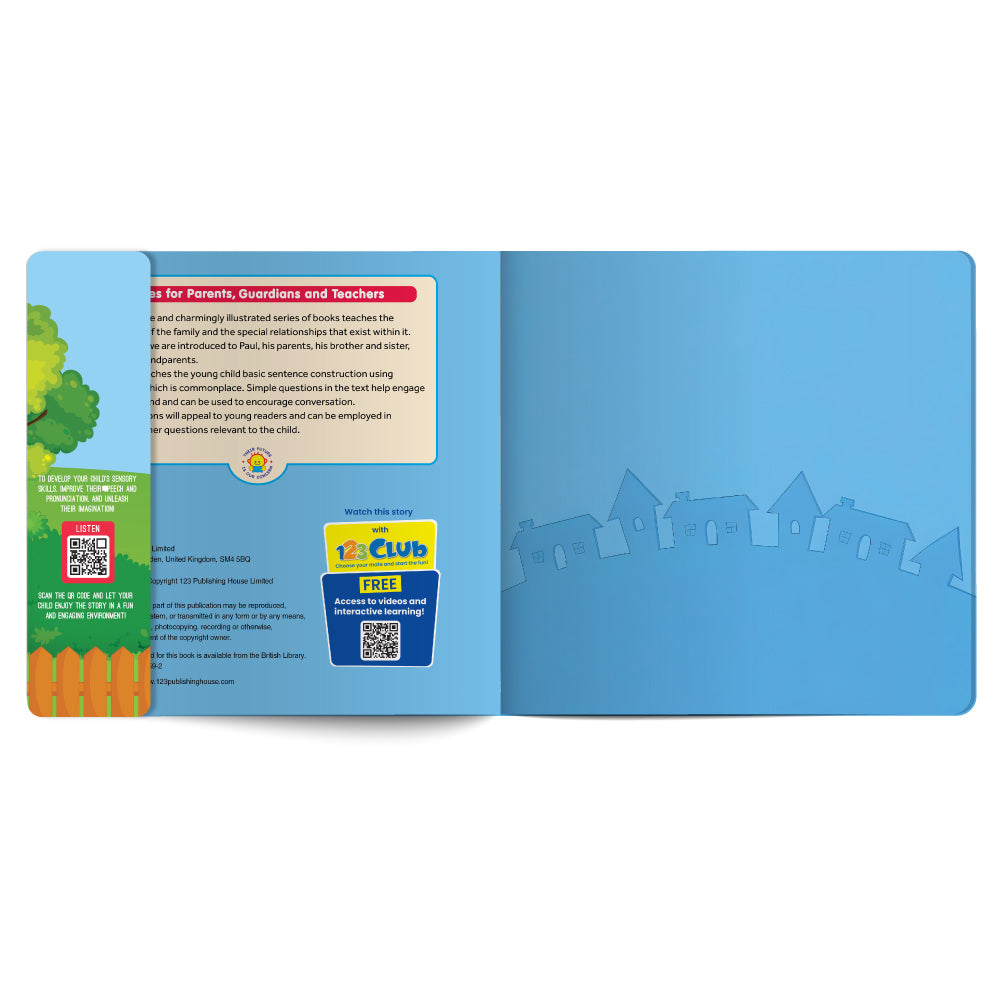 Open book with blue cover featuring a QR code and text on a white background