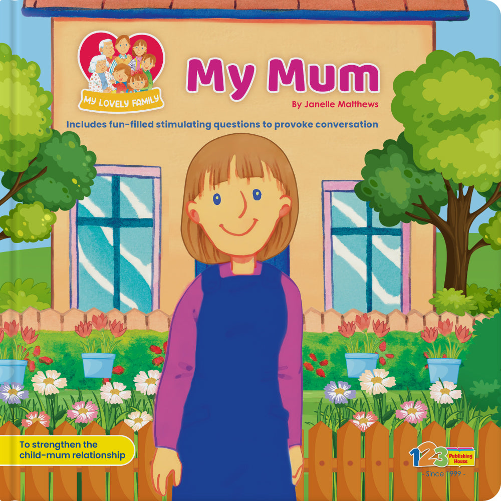 Book cover of 'My Mum' with a cartoon illustration of a woman in a garden.