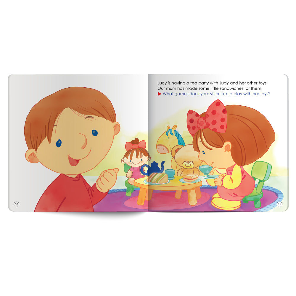 Illustrated book page with children at a tea party, colorful and child-friendly design.