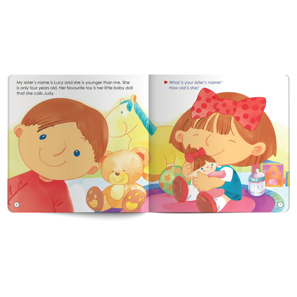 Children's book open to two pages with illustrations of a boy and girl holding toys.
