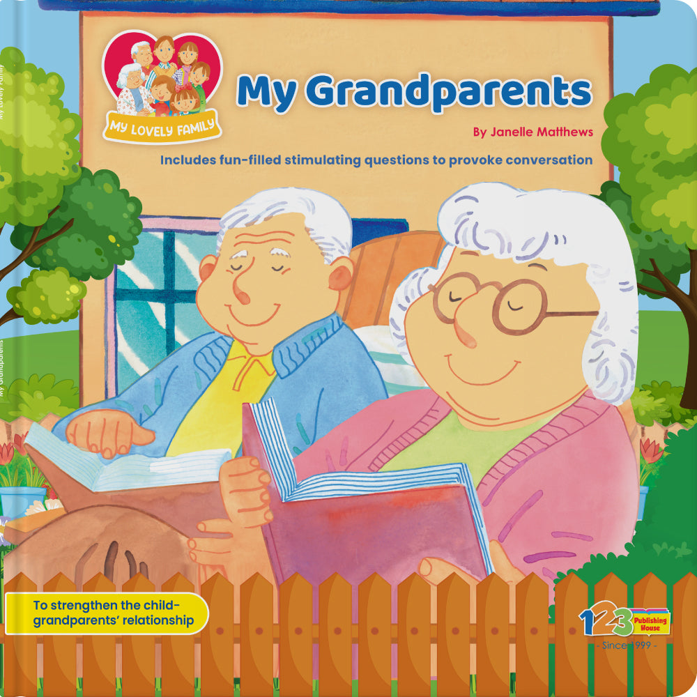 Book cover of 'My Grandparents' with illustrated grandparents reading by a fence.