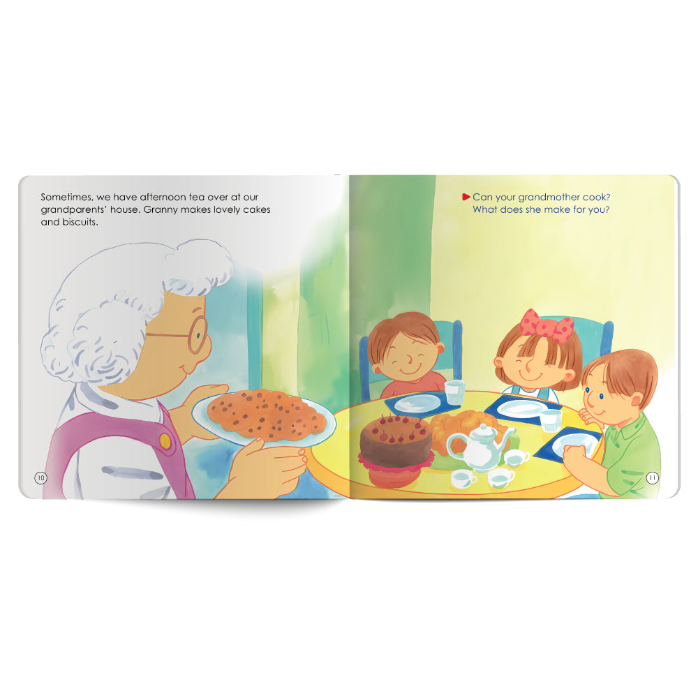 Children's book pages with illustrations of an elderly woman serving food and children at a table.