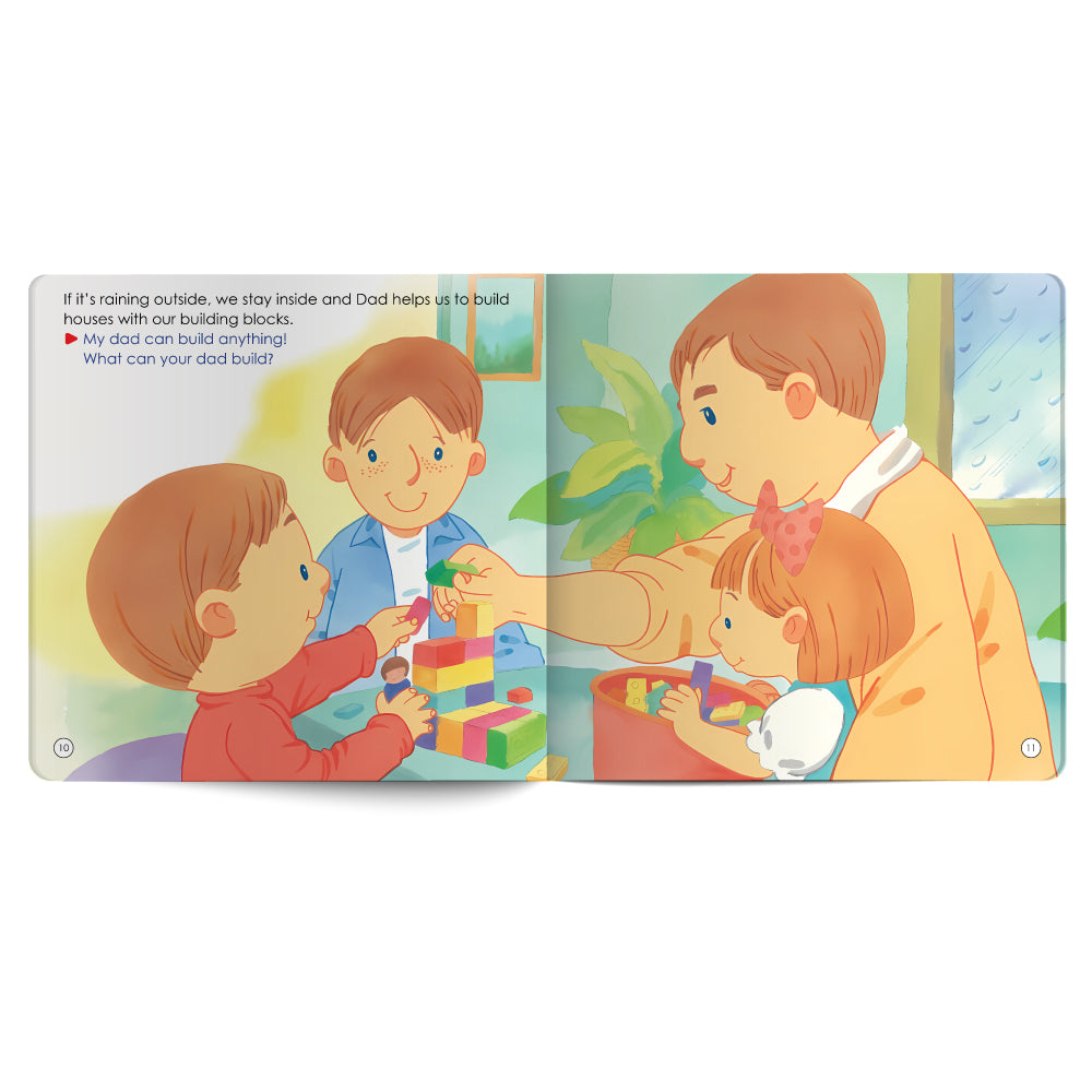 Illustrated book page showing a family playing with building blocks indoors.