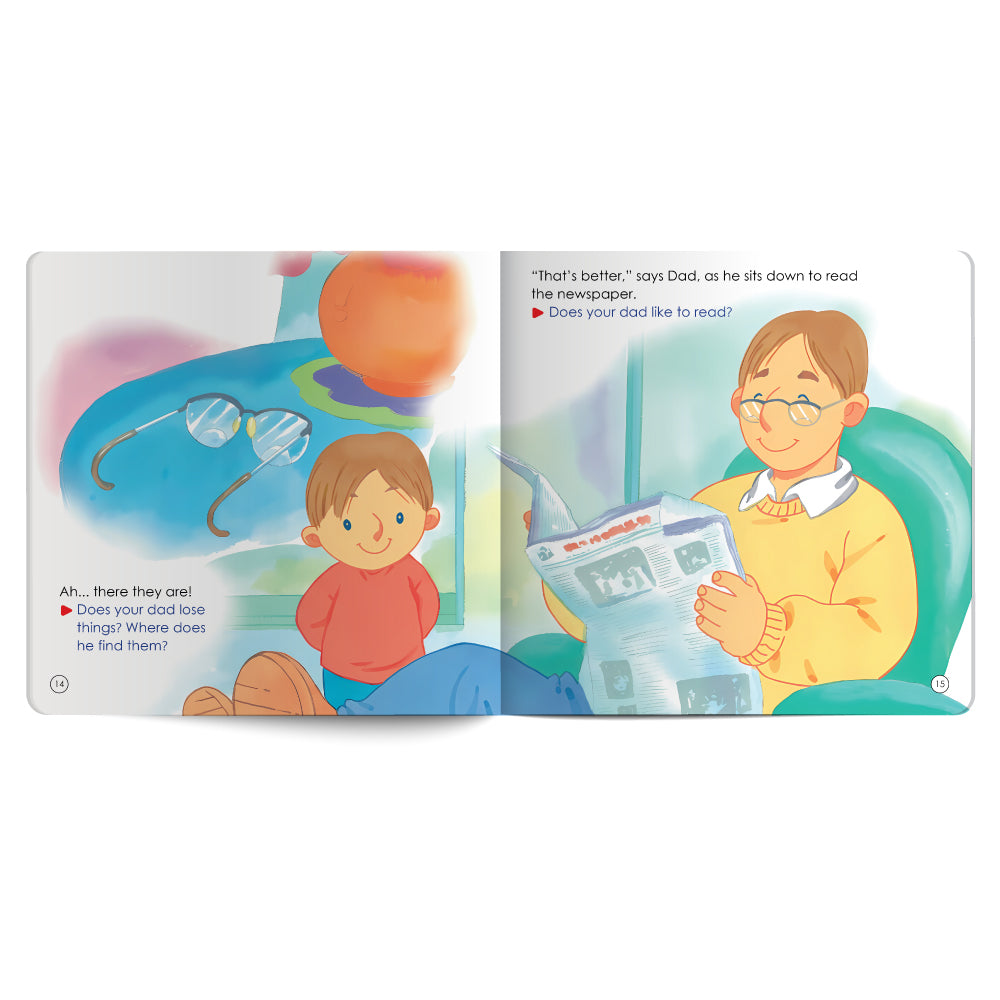 Illustrated book page with a child and adult reading together.