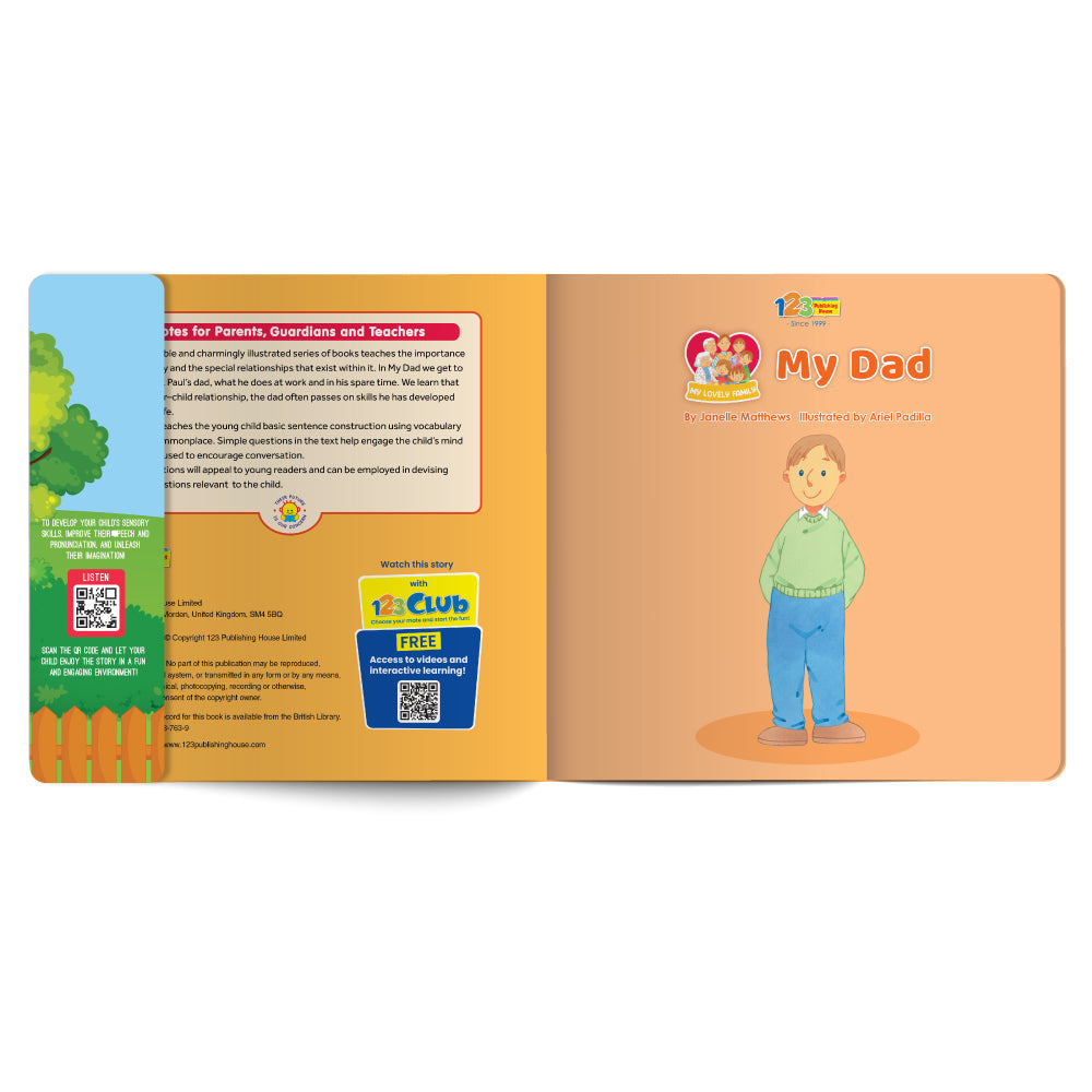 Open book showing a page with an illustration of a father and text, on a white background.