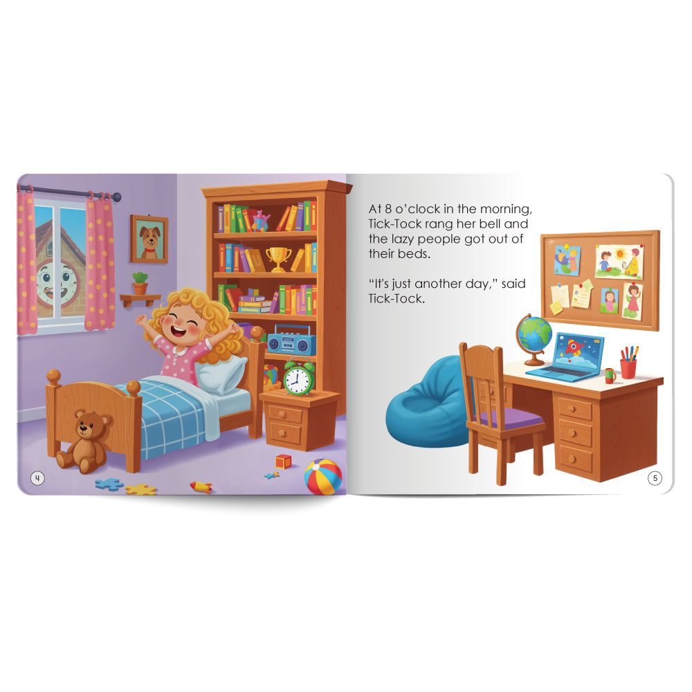 Illustrated children's book page with a bedroom scene and text.