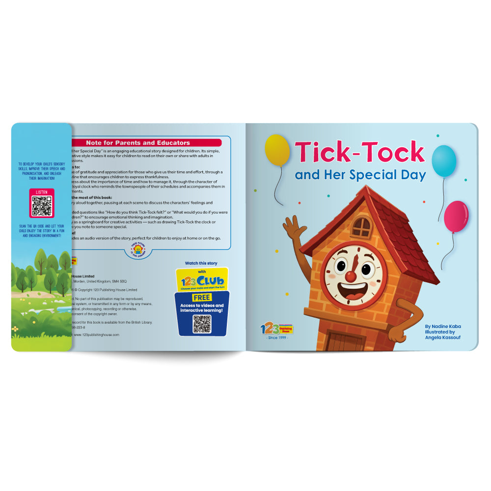 Open book with a cartoon clock character and balloons on a white background
