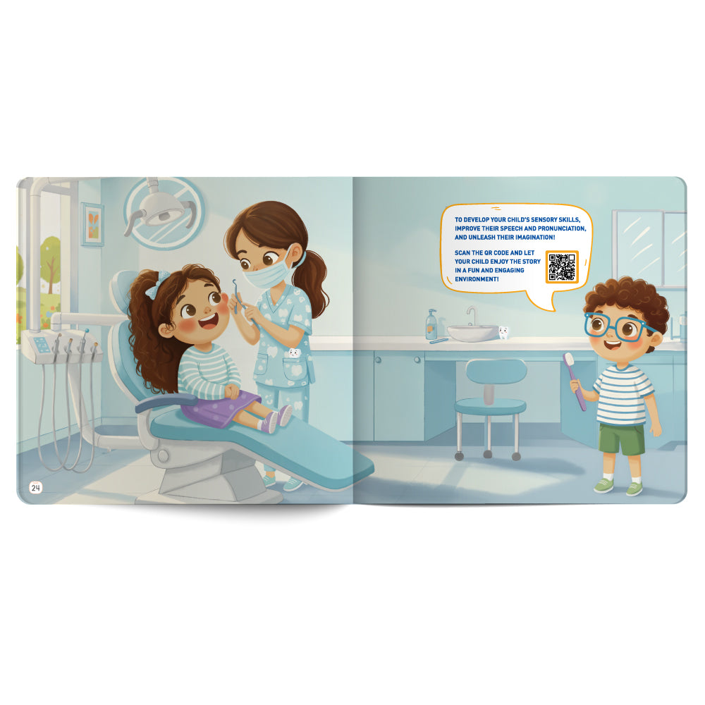 Illustrated book open to a page with a dental office scene and characters.