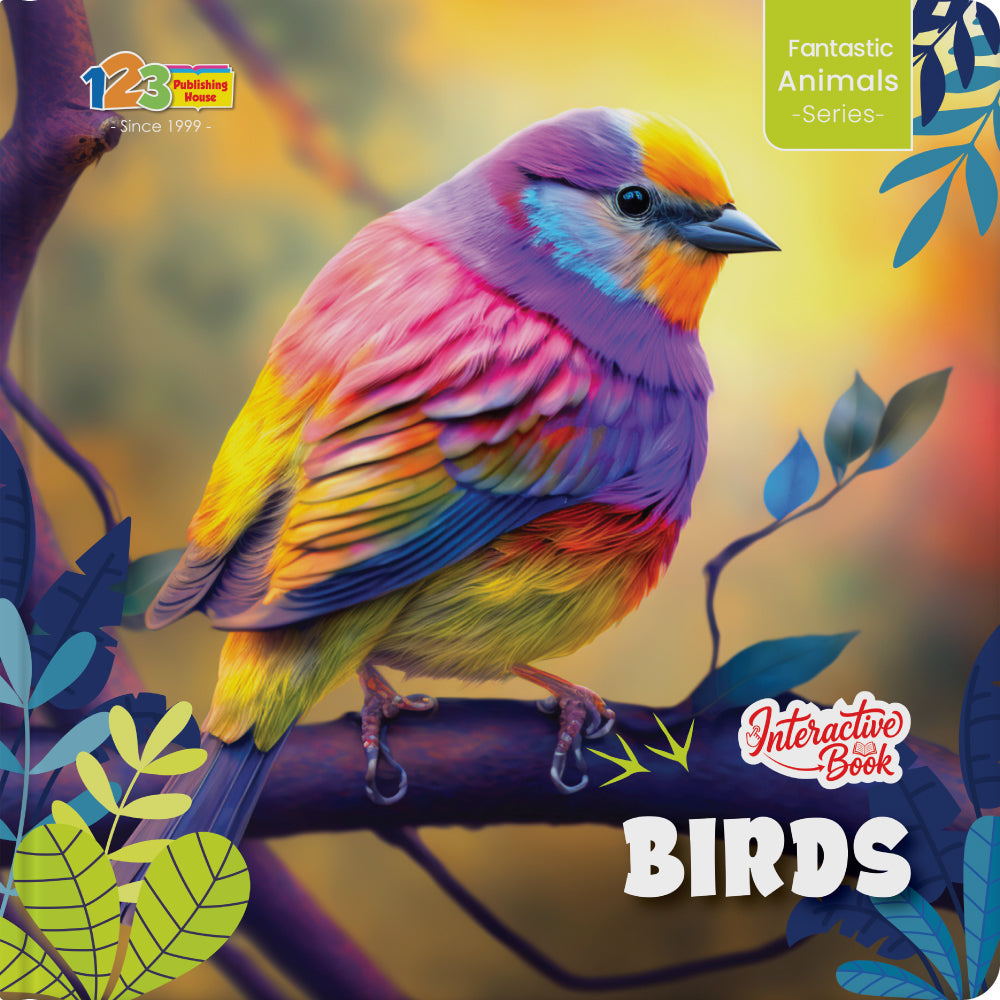 Colorful bird on a branch with 'Birds' book cover