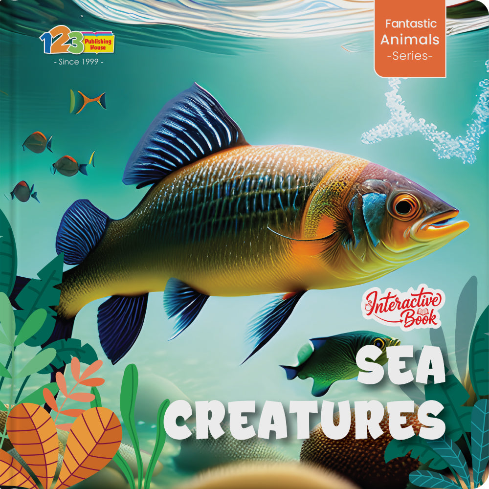 Book cover of 'Sea Creatures' interactive book with a colorful fish illustration on a blue underwater background.
