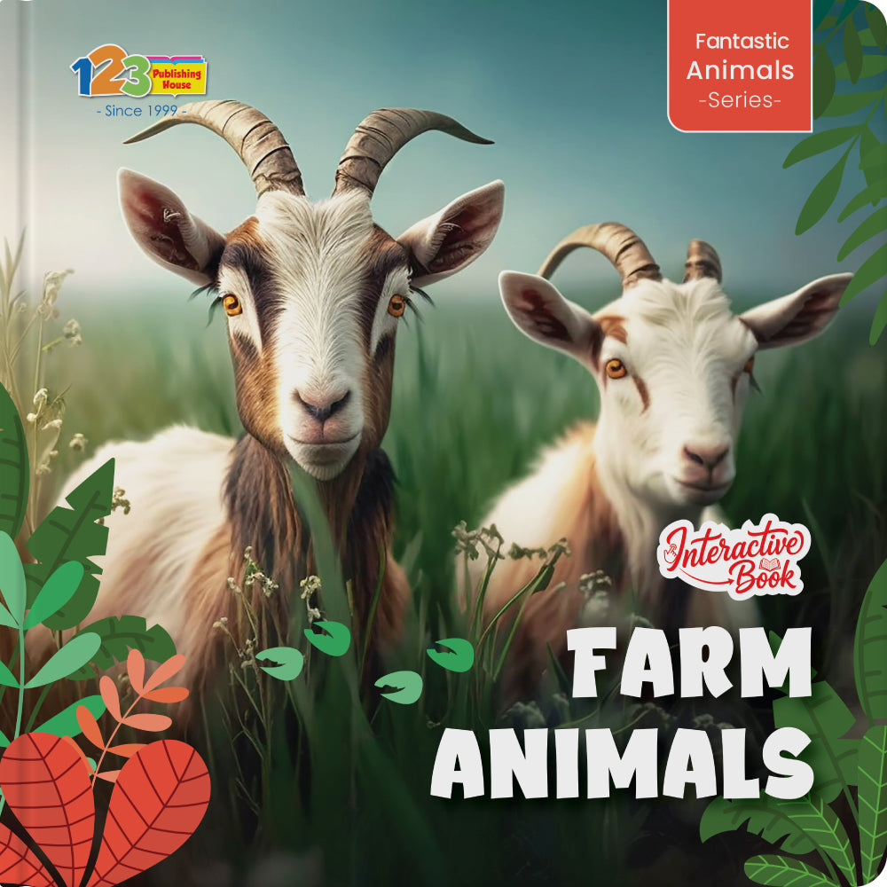 Book cover of 'Farm Animals' with two goats in a grassy field
