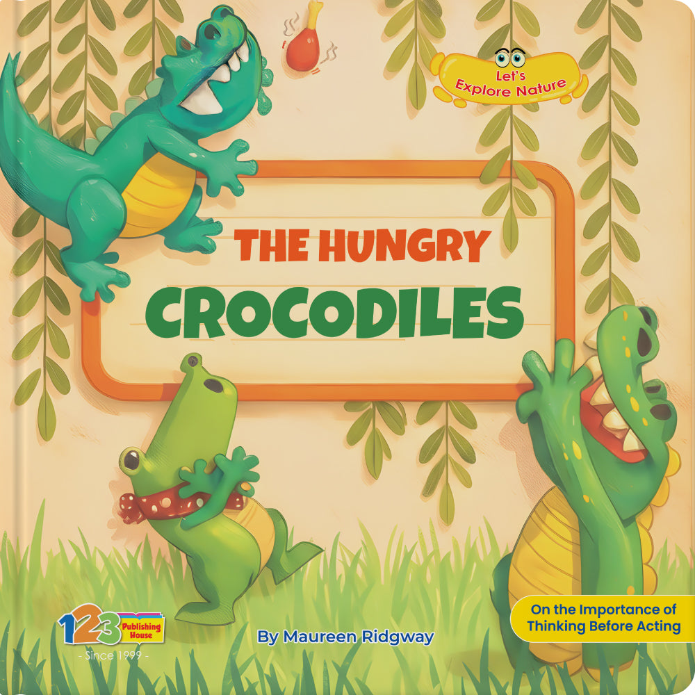 Book cover of 'The Hungry Crocodiles' with cartoon crocodiles and nature-themed design.